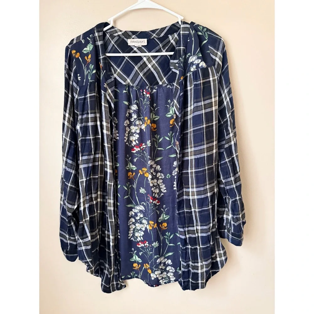 Westport Womens Long Sleeve Plaid Floral Patchwork Top Size L Boho Cottage